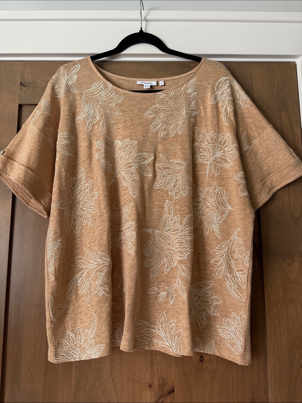 Chicos Floral Embroidered Linen Top Shirt Womens XL Short Sleeve Coastal Boxy